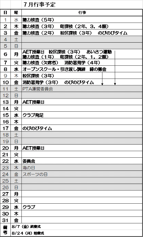 ２０２０年７月行事予定 箕輪小学校