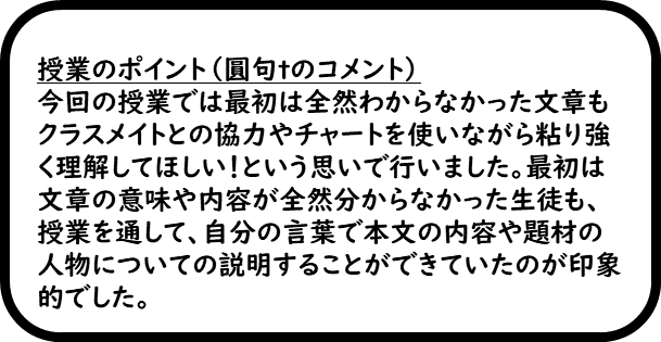 「授業のポイント（圓句tのコメント）」今回の授業では最初は全然わからなかった文章もクラスメイトとの協力やチャートを使いながら粘り強く理解してほしい！という思いで行いました。最初は文章の意味や内容が全然分からなかった生徒も、授業を通して、自分の言葉で本文の内容や題材の人物についての説明をすることができていたのが印象的でした。