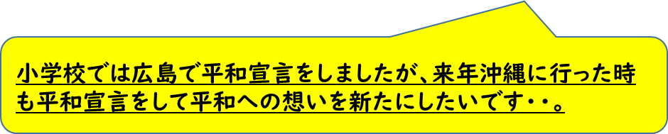 小学校では広島で平和宣言をしましたが、来年沖縄に行った時も平和宣言をして平和への想いを新たにしたいです・・。