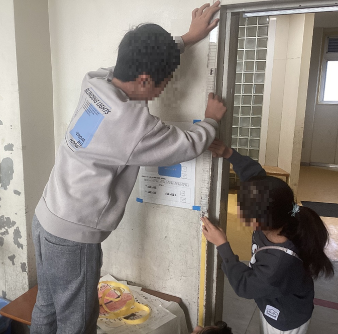 定規を繋いで長さを測るようす