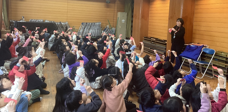 子どもたちが紙を部屋の電気にかざすようす