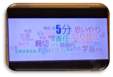 テキストマイニングの画面「5分」「思いやり」「親切」「責任」など